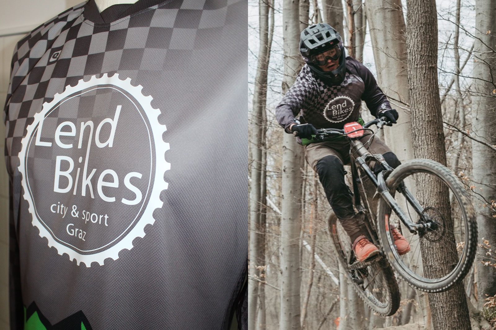 Links: Detail des Lend-Bikes-Vinyl-Prints am Trikot; rechts: Radlager-Fahrer im Sprung auf dem Trail